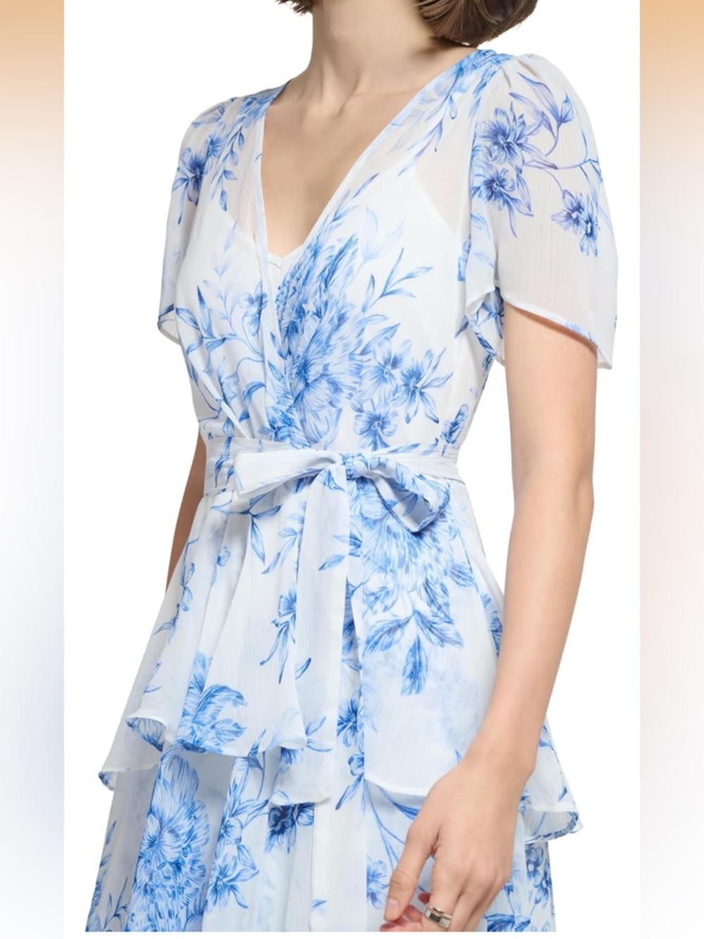 Calvin Klein Blue White Floral Midi Chiffon Dress with Pleated Skirt size 6 - Picture 3 of 14